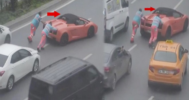 Lamborghini yolda kaldı, yardımına işçiler yetişti