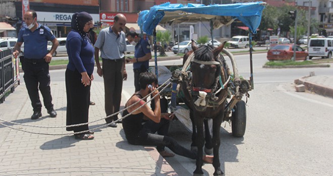 Yeğenini at arabasından attı, kendisi yere düşüp sürüklendi... Adana'da firar eden at kamerada