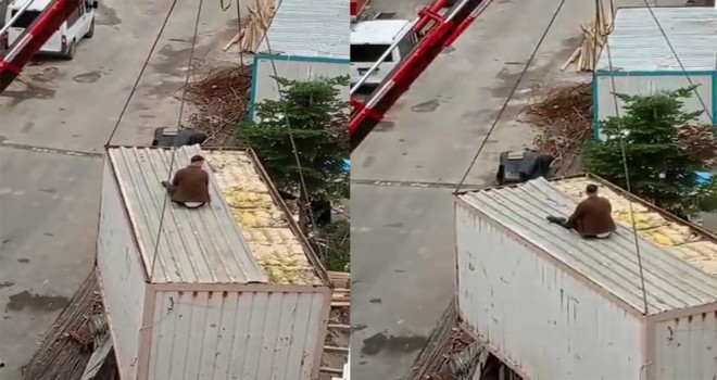 Kartal'da vincin kaldırdığı konteyner üzerinde işçi mahsur kaldı