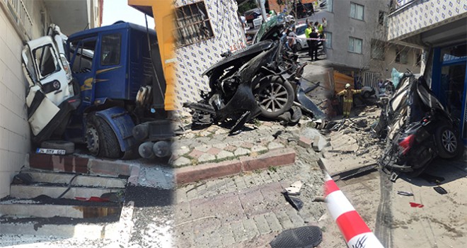 İstanbul'da dehşet veren kaza: Kamyon iki aracı biçip binanın duvarına vurarak durabildi