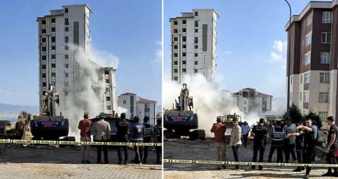 Hasarlı bina, yıkım sırasında sağlam binanın üzerine devrildi